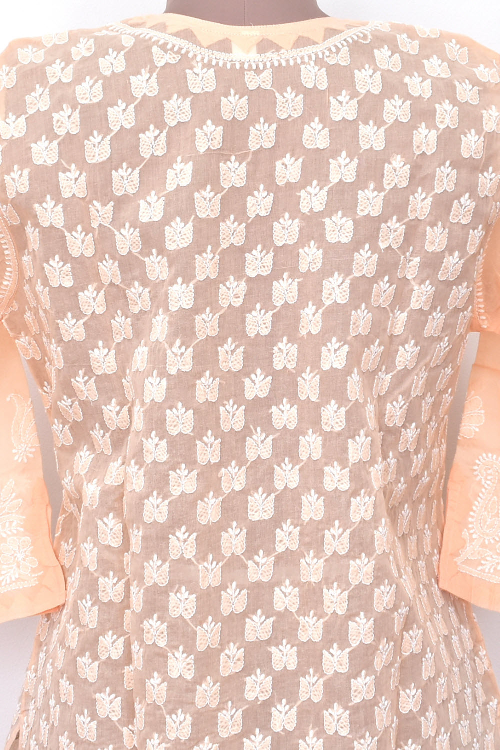 L 42 Light Peach Allover Chikankari Stitched Cotton Kurti 18309