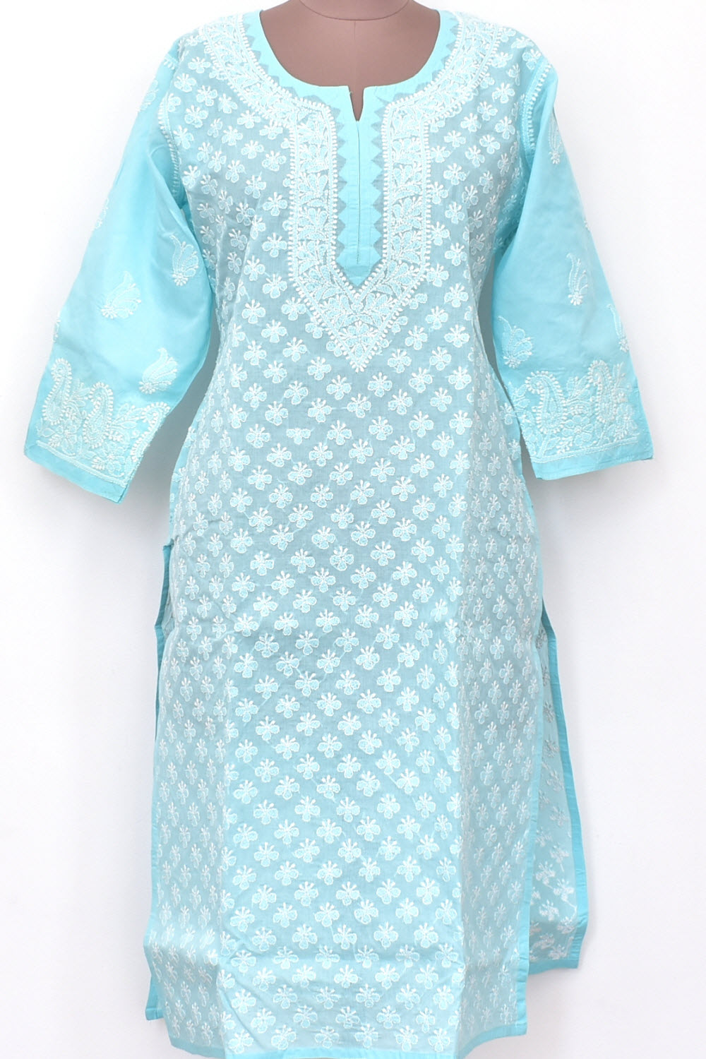 XL 44 Sky Blue Allover Chikankari Stitched Cotton Kurti 18313