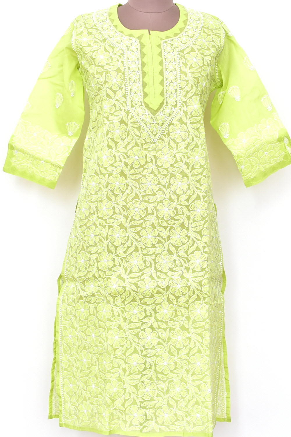S 39 Lemon Green Allover Chikankari Stitched Cotton Kurti 18314