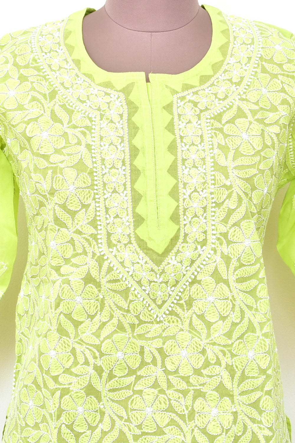 S 39 Lemon Green Allover Chikankari Stitched Cotton Kurti 18314