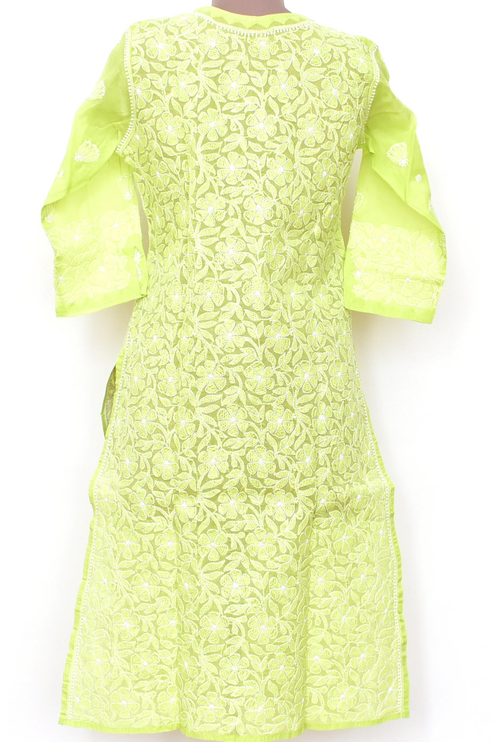 S 39 Lemon Green Allover Chikankari Stitched Cotton Kurti 18314