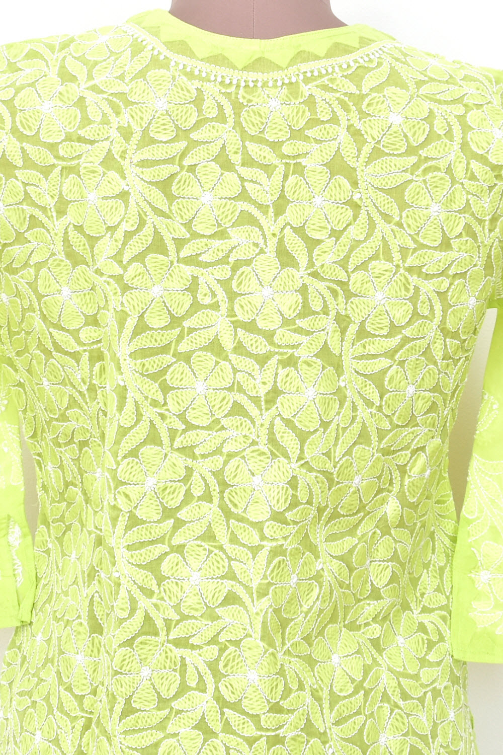 S 39 Lemon Green Allover Chikankari Stitched Cotton Kurti 18314