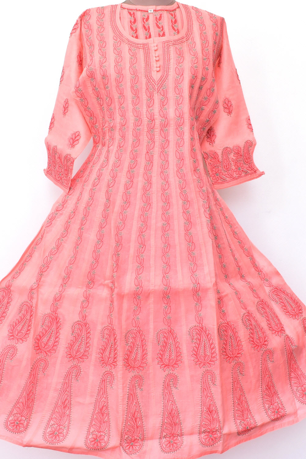S 38 Peach Hand Embroidered Chikankari Stitched Cotton Anarkali 18359