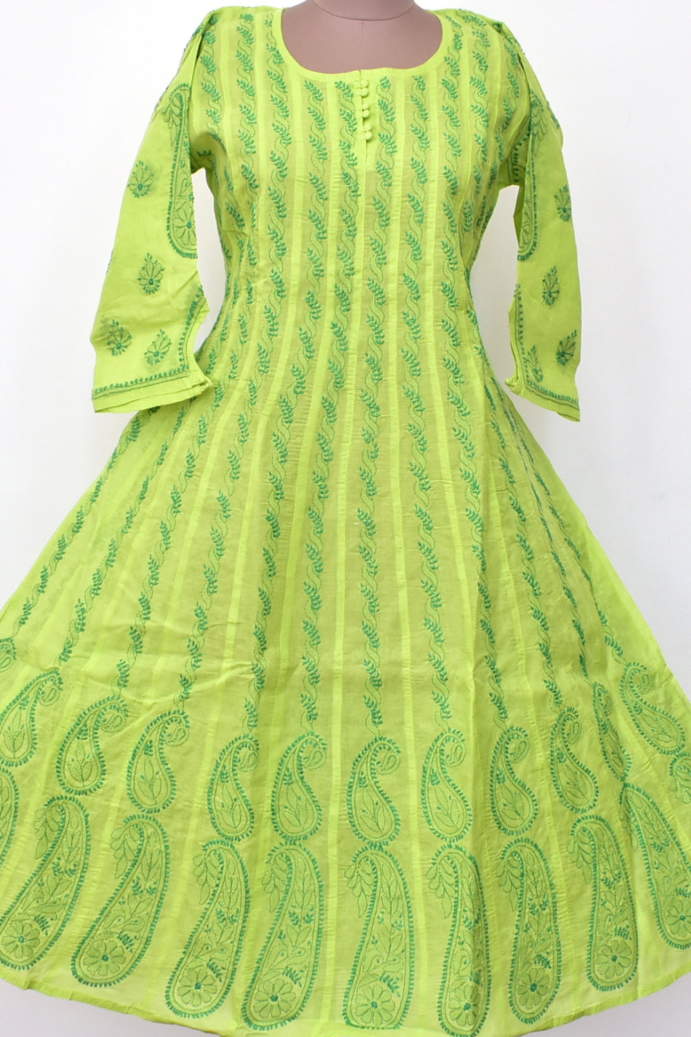 M 40 Lime Green Hand Embroidered Chikankari Stitched Cotton Anarkali 18360