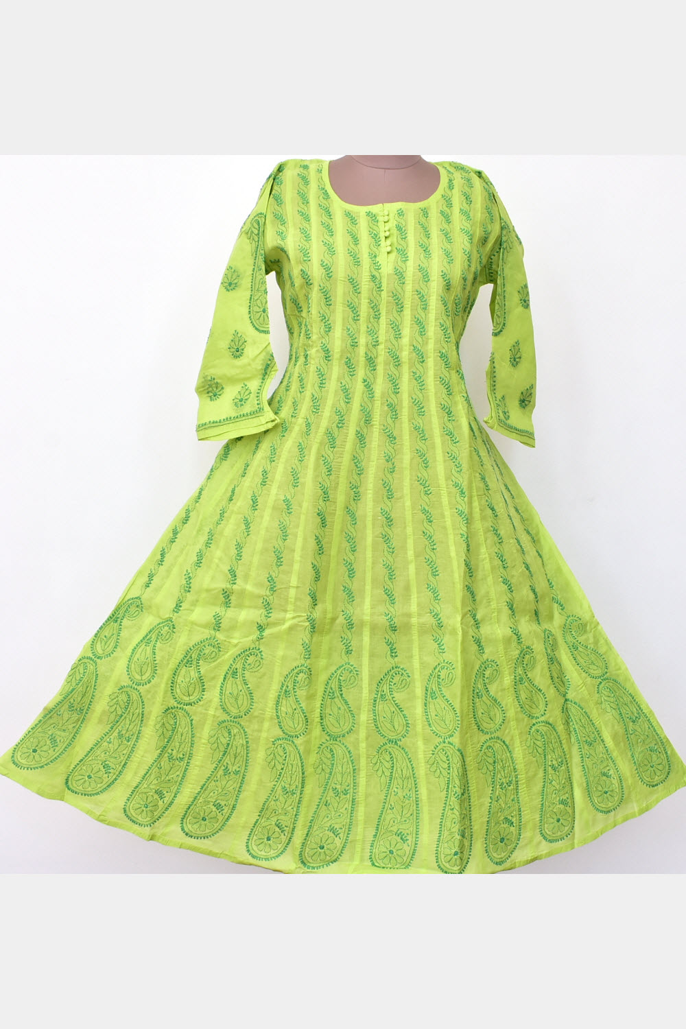 M 40 Lime Green Hand Embroidered Chikankari Stitched Cotton Anarkali 18360