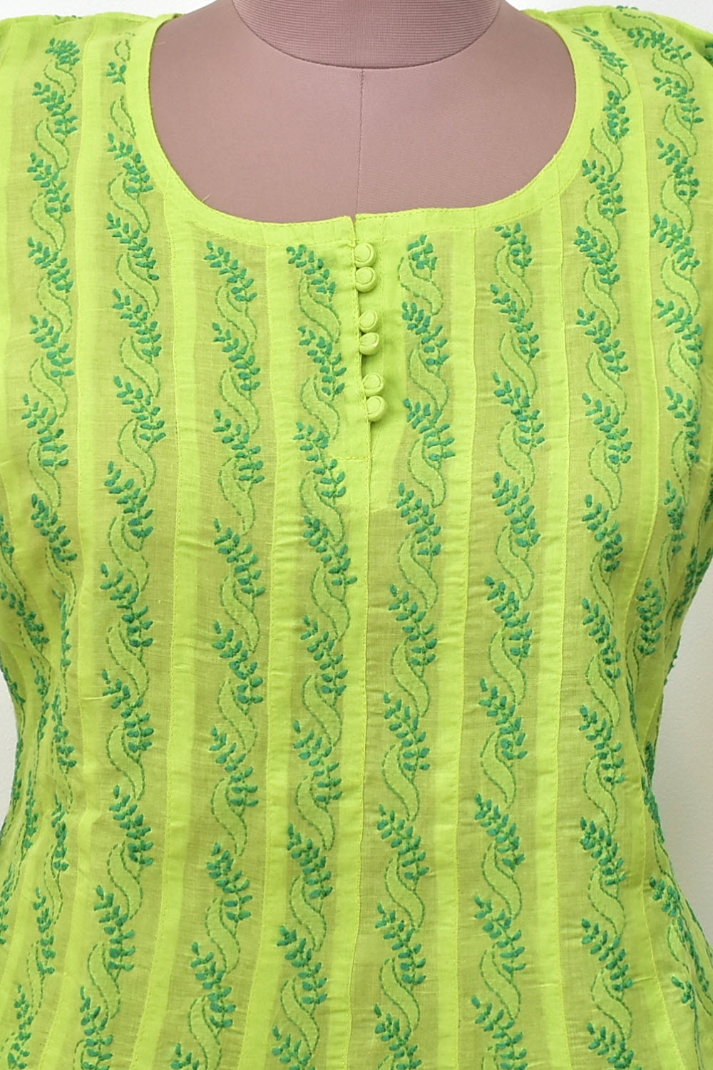 M 40 Lime Green Hand Embroidered Chikankari Stitched Cotton Anarkali 18360