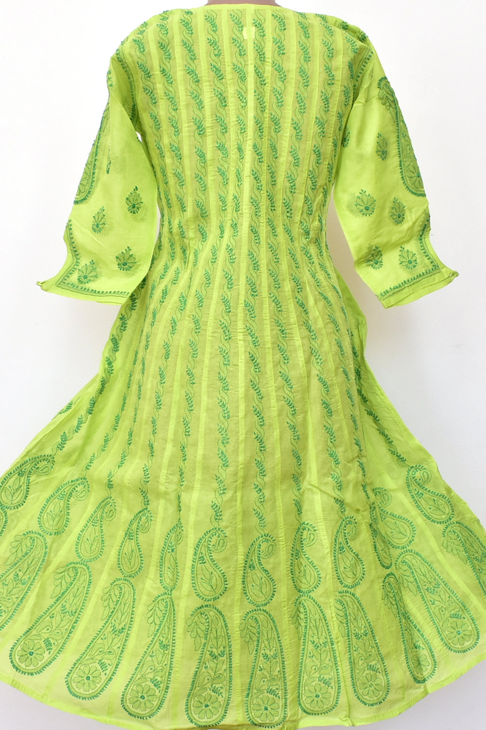 M 40 Lime Green Hand Embroidered Chikankari Stitched Cotton Anarkali 18360