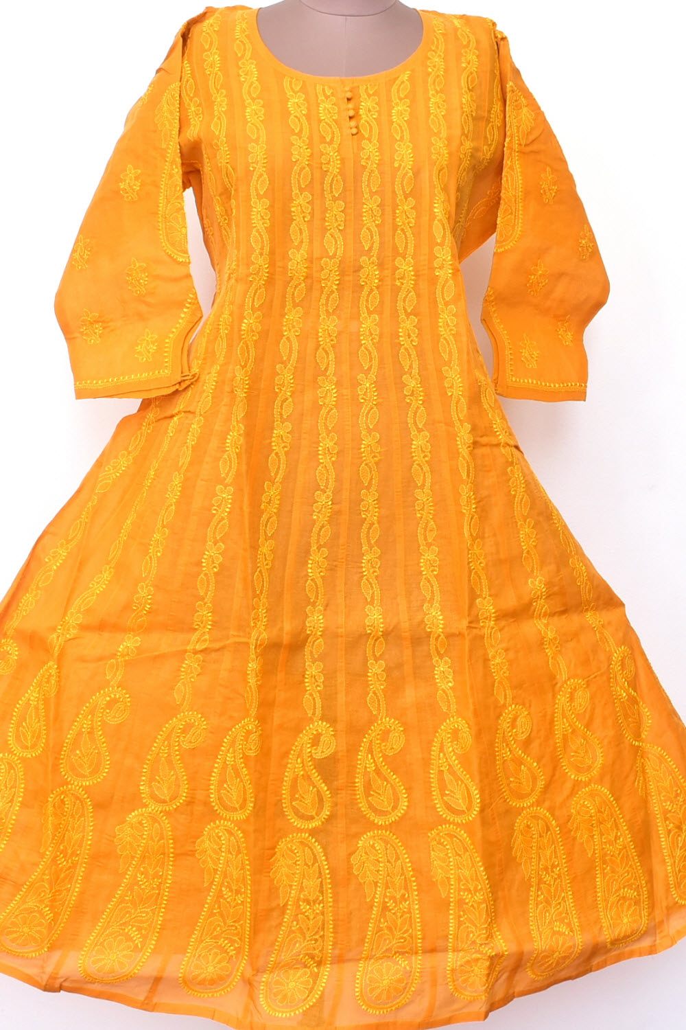 XL 44 Mustard Yellow Hand Embroidered Chikankari Stitched Cotton Anarkali 18363