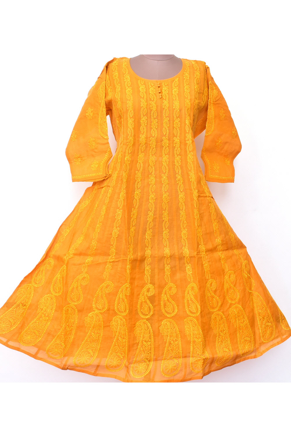 XL 44 Mustard Yellow Hand Embroidered Chikankari Stitched Cotton Anarkali 18363