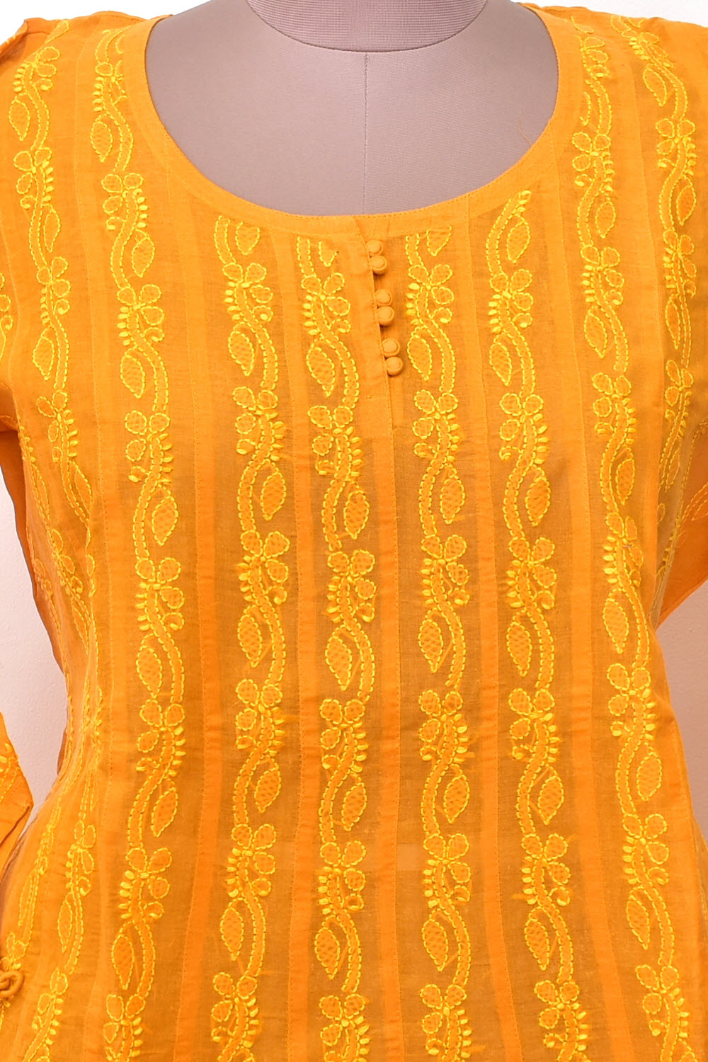 XL 44 Mustard Yellow Hand Embroidered Chikankari Stitched Cotton Anarkali 18363