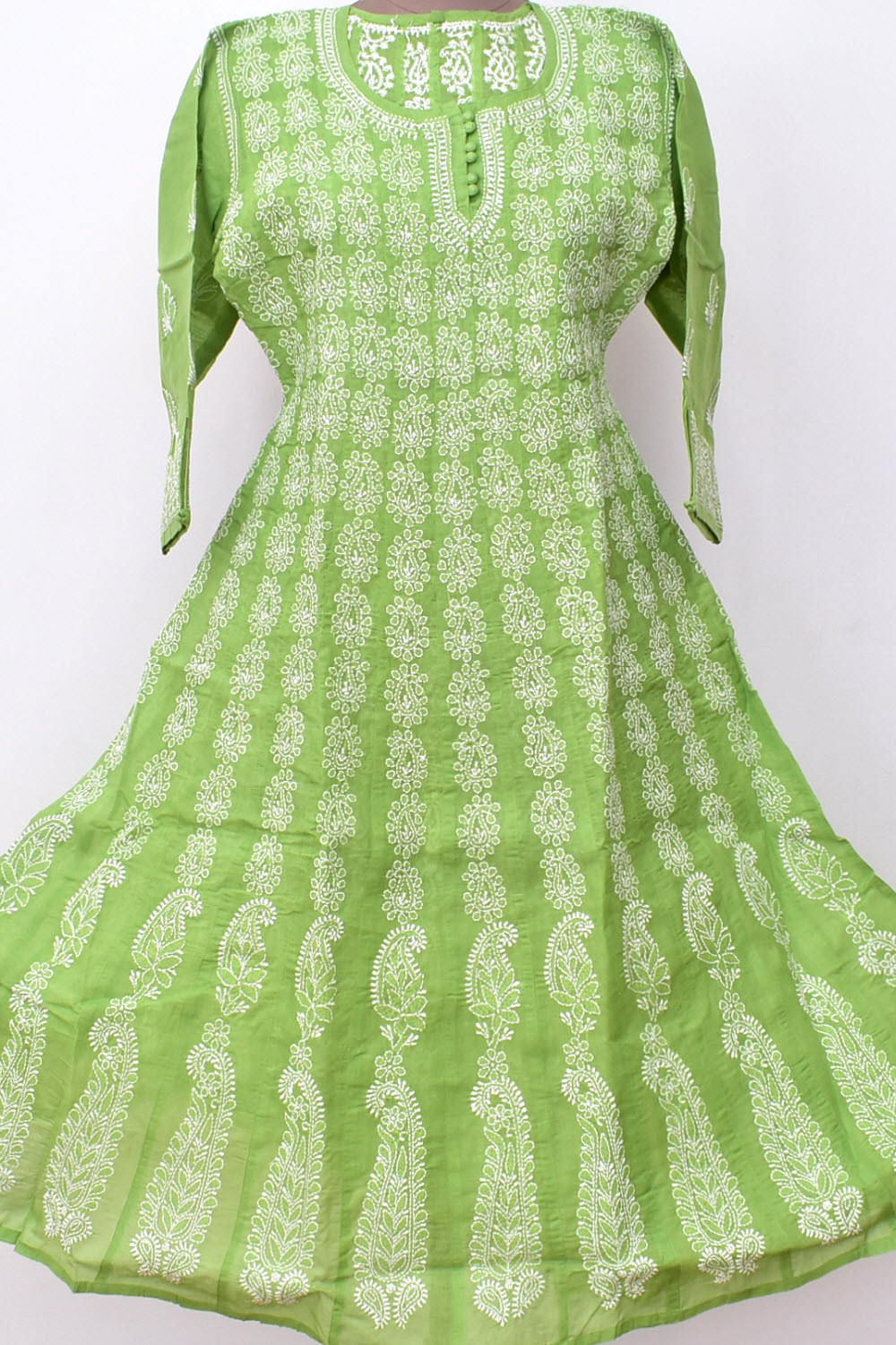 XS 36 Mehandi Green Chikankari Stitched Cotton Anarkali 18365