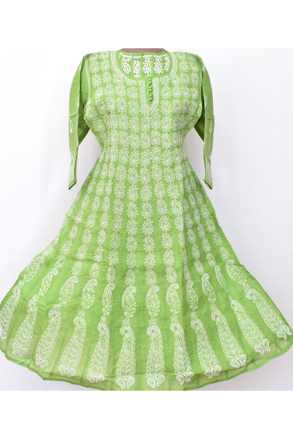 XS 36 Mehandi Green Chikankari Stitched Cotton Anarkali 18365