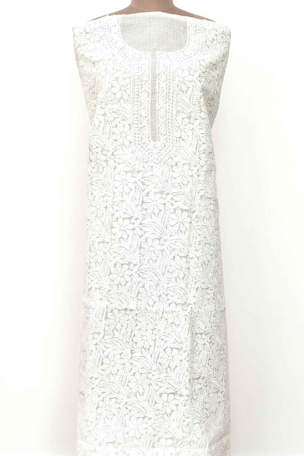 White Chikankari Kota Cotton Kurti Fabric 18389