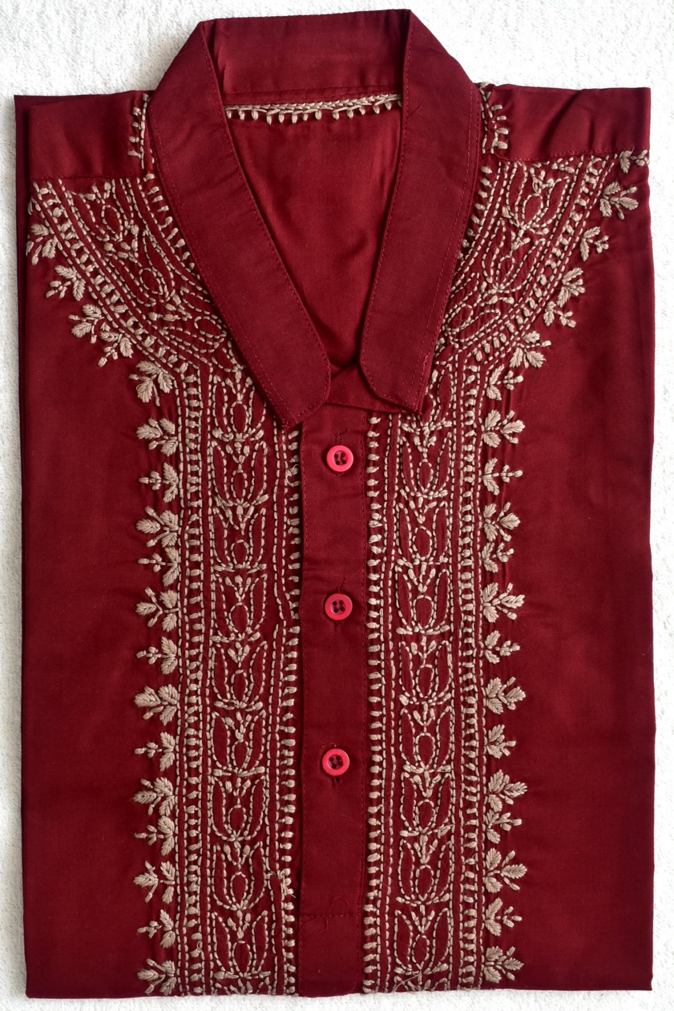S 38 Maroon Hand Embroidered Chikankari Mens Kurta 18446