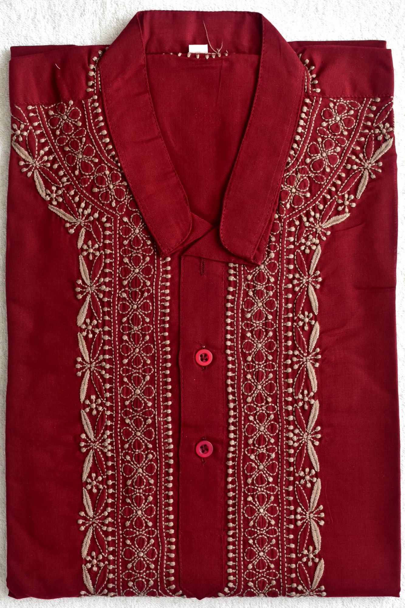 L 42 Maroon Hand Embroidered Chikankari Mens Kurta 18448