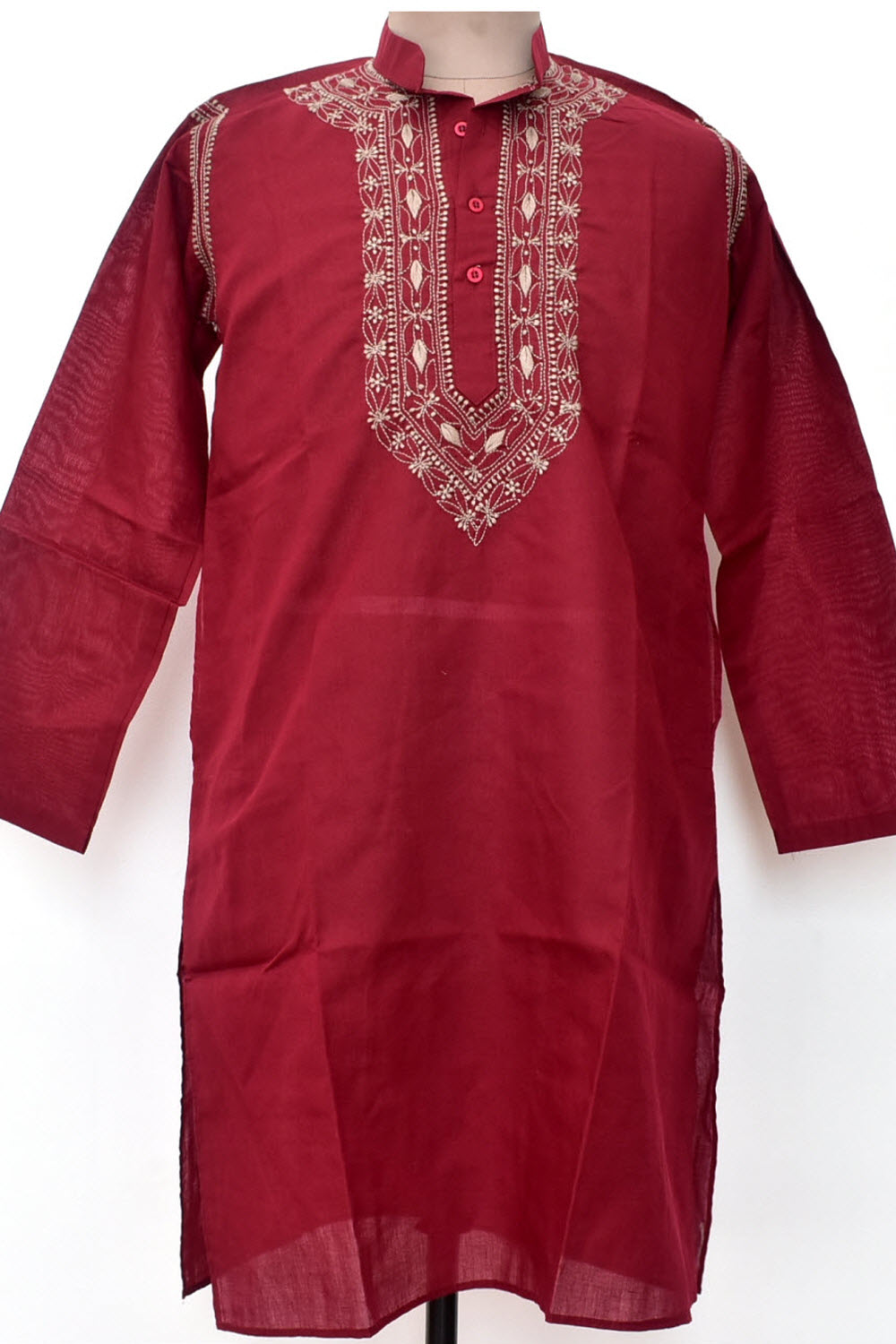 L 42 Maroon Hand Embroidered Chikankari Mens Kurta 18448