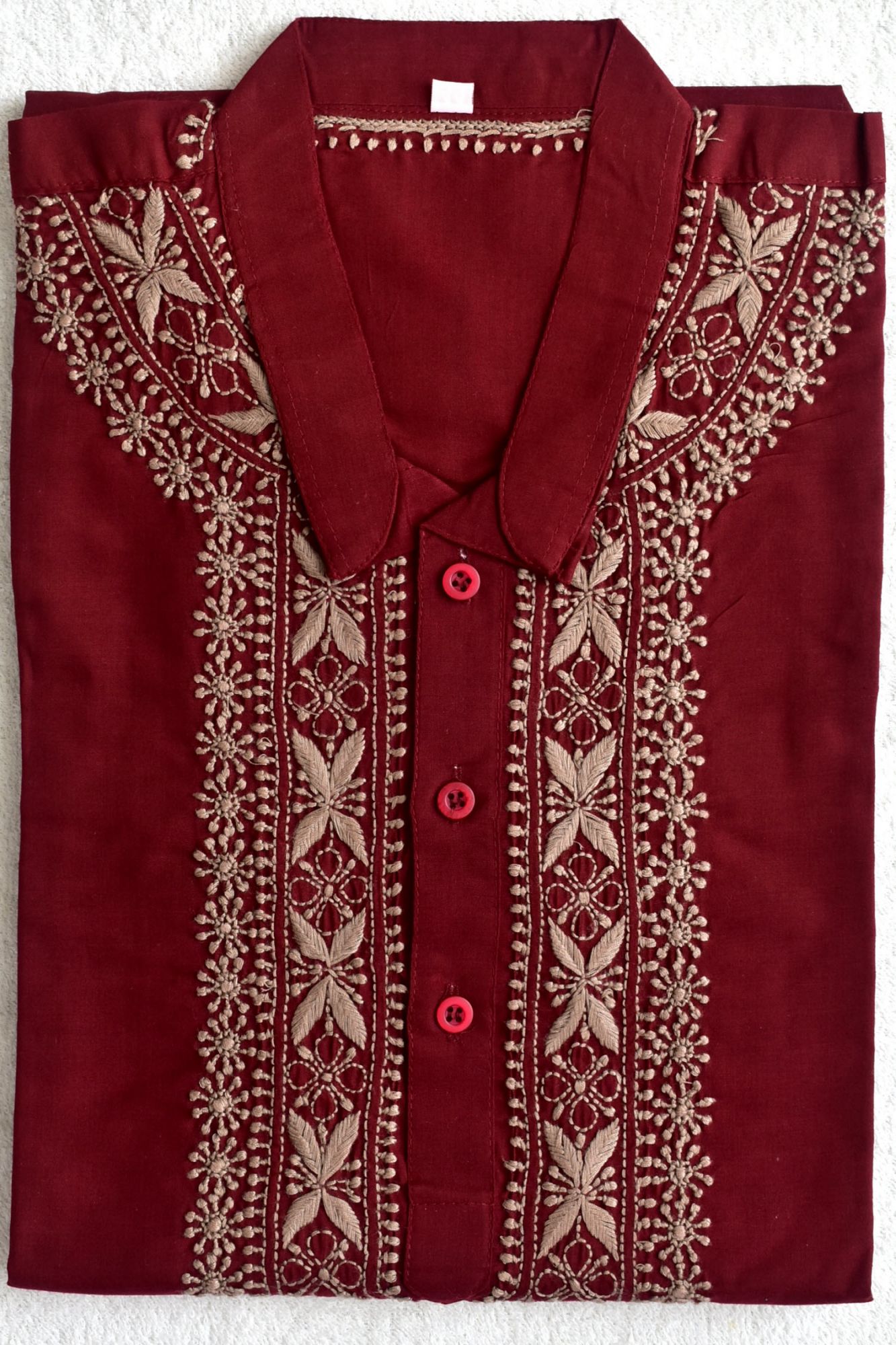 XL 44 Maroon Hand Embroidered Chikankari Mens Kurta 18449