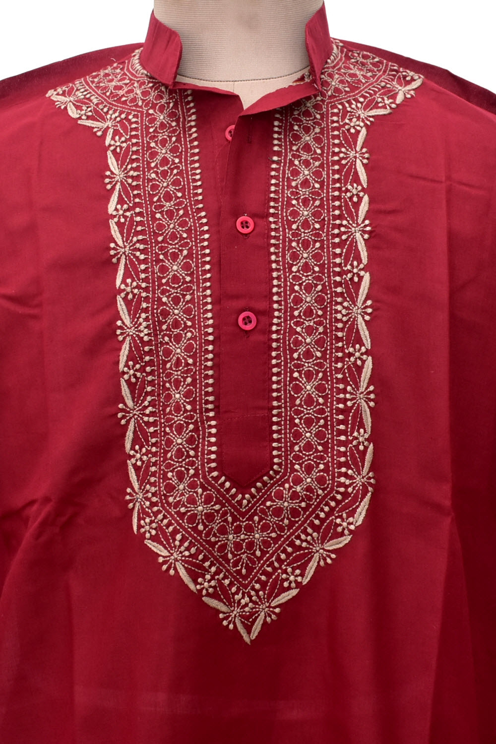 XL 44 Maroon Hand Embroidered Chikankari Mens Kurta 18449