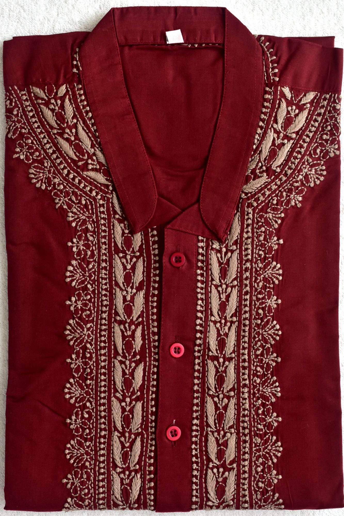 XXL 46 Maroon Hand Embroidered Chikankari Mens Kurta 18450