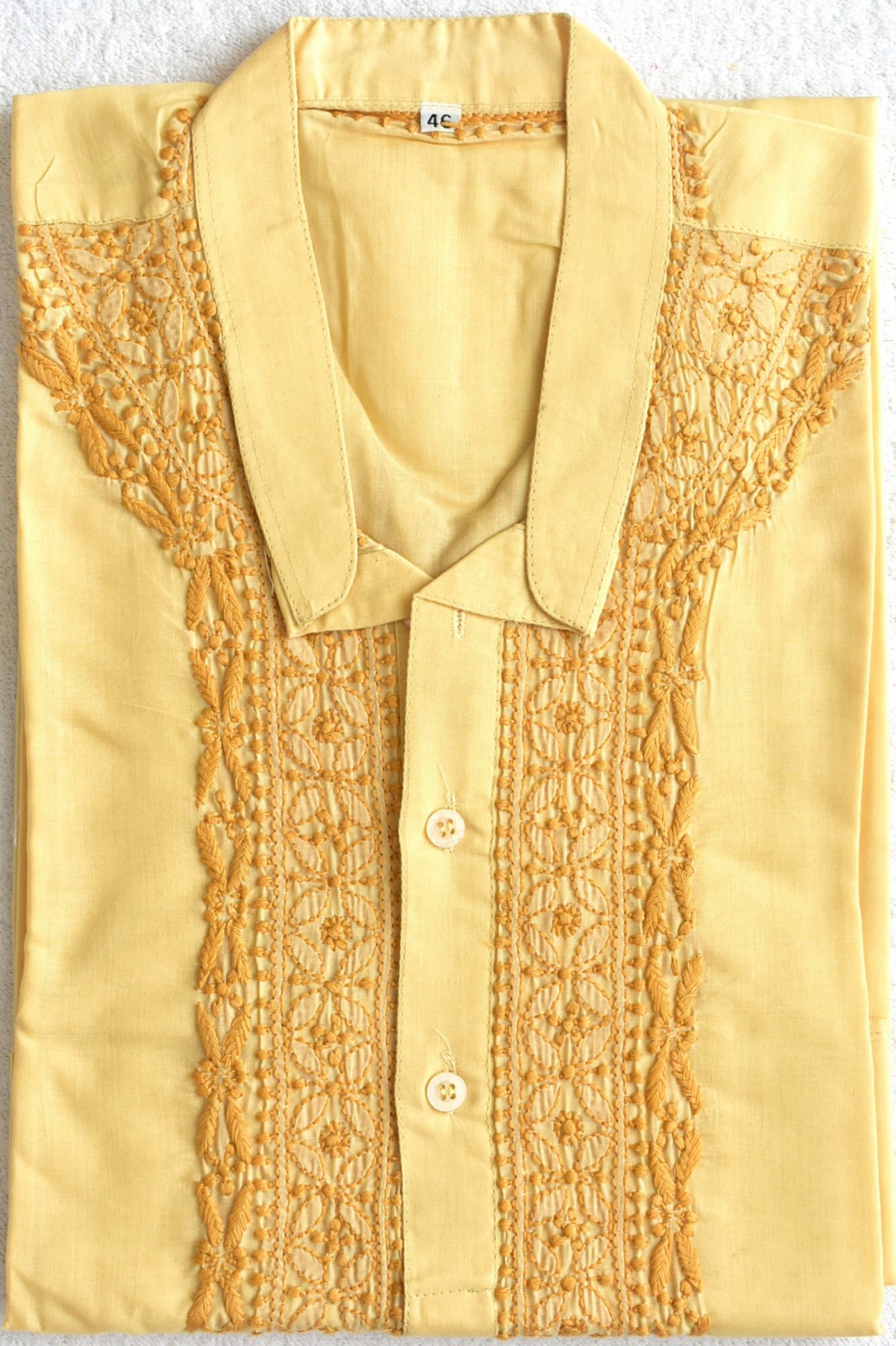 XXL 46 Fawn Hand Embroidered Chikankari Mens Kurta 18455