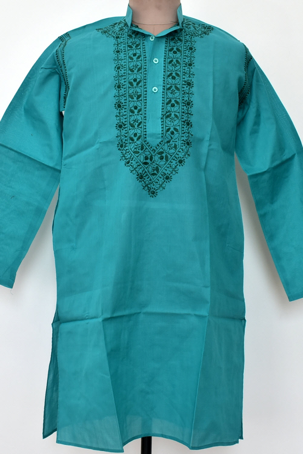 M 40 Turquoise Blue Hand Embroidered Chikankari Mens Kurta 18457
