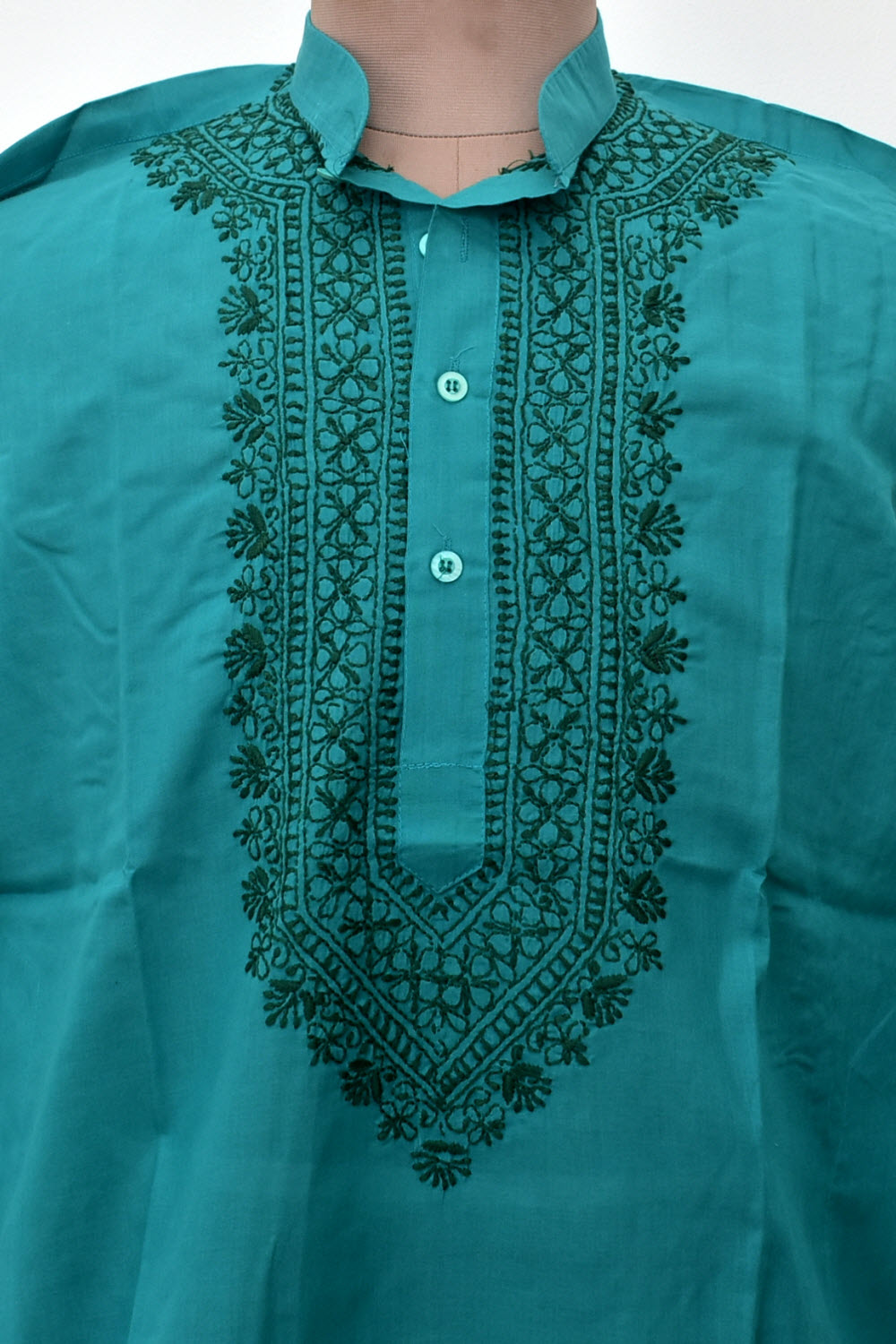M 40 Turquoise Blue Hand Embroidered Chikankari Mens Kurta 18457