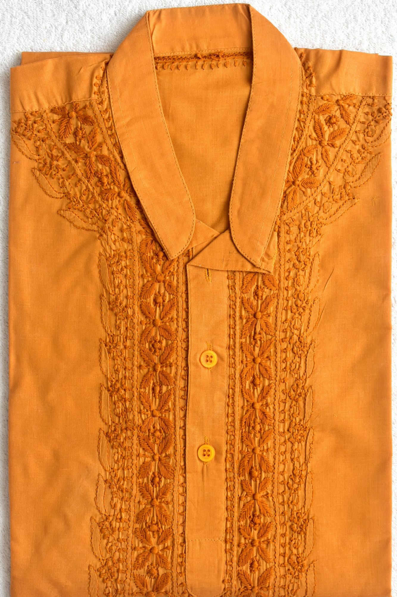 S 38 Mustard Yellow Hand Embroidered Chikankari Mens Kurta 18461