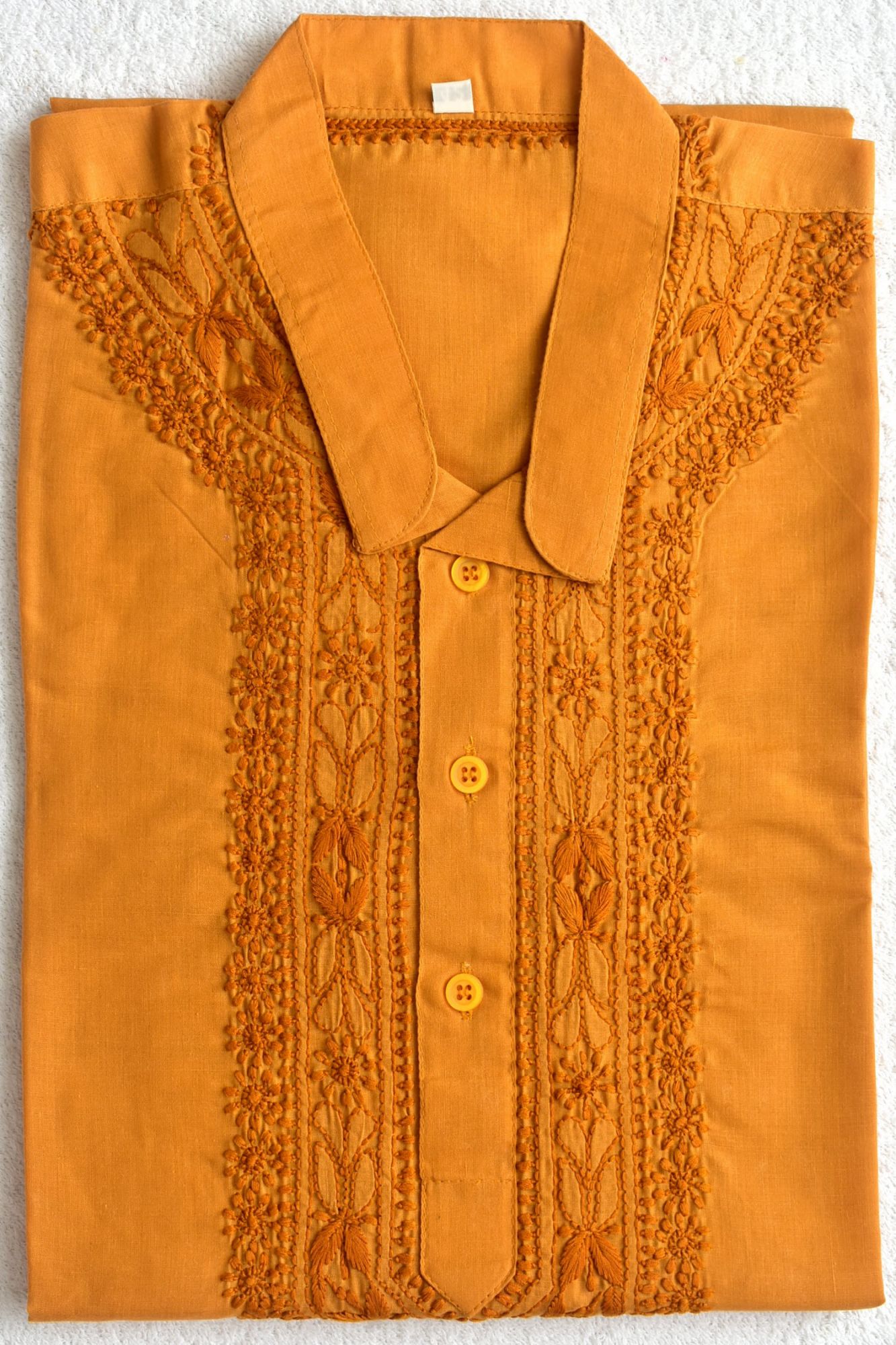L 42 Mustard Yellow Hand Embroidered Chikankari Mens Kurta 18463