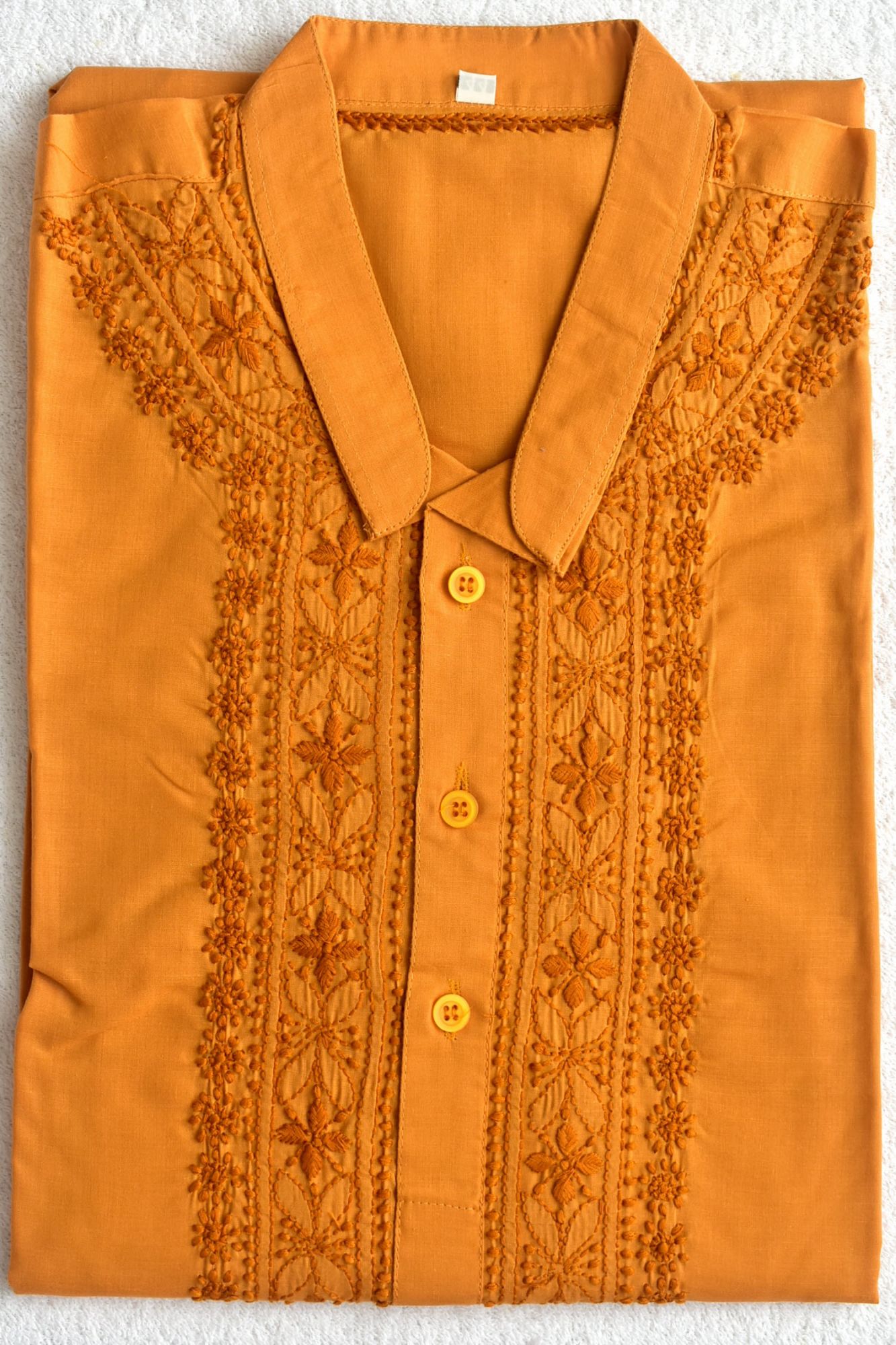 XL 44 Mustard Yellow Hand Embroidered Chikankari Mens Kurta 18464