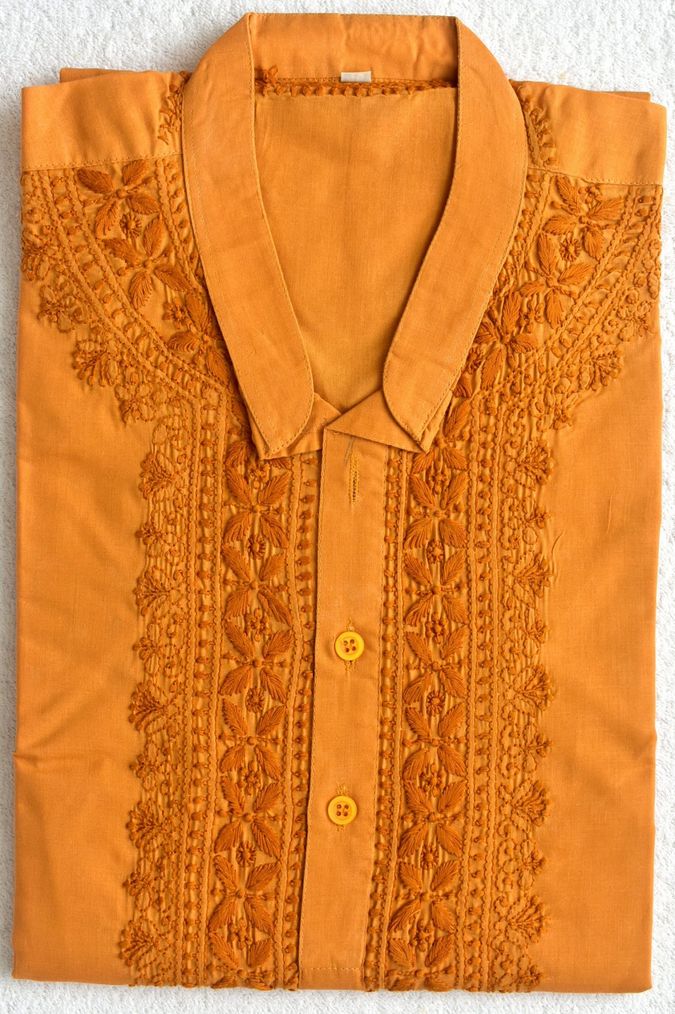 XXL 46 Mustard Yellow Hand Embroidered Chikankari Mens Kurta 18465