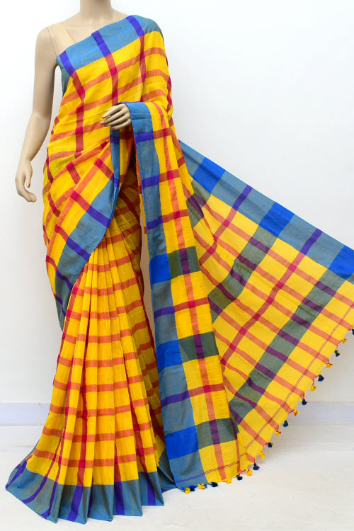 Red-Yellow-Blue Handloom Soft Cotton Tant Saree