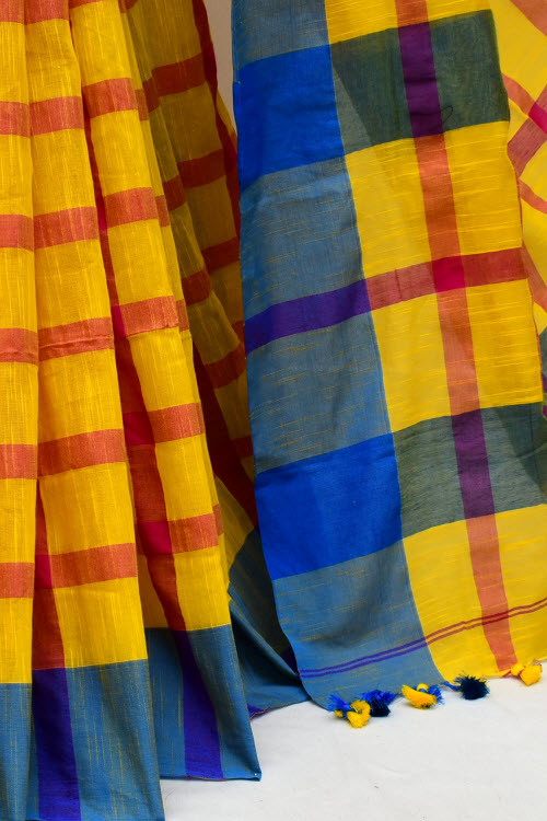 Red-Yellow-Blue Handloom Soft Cotton Tant Saree