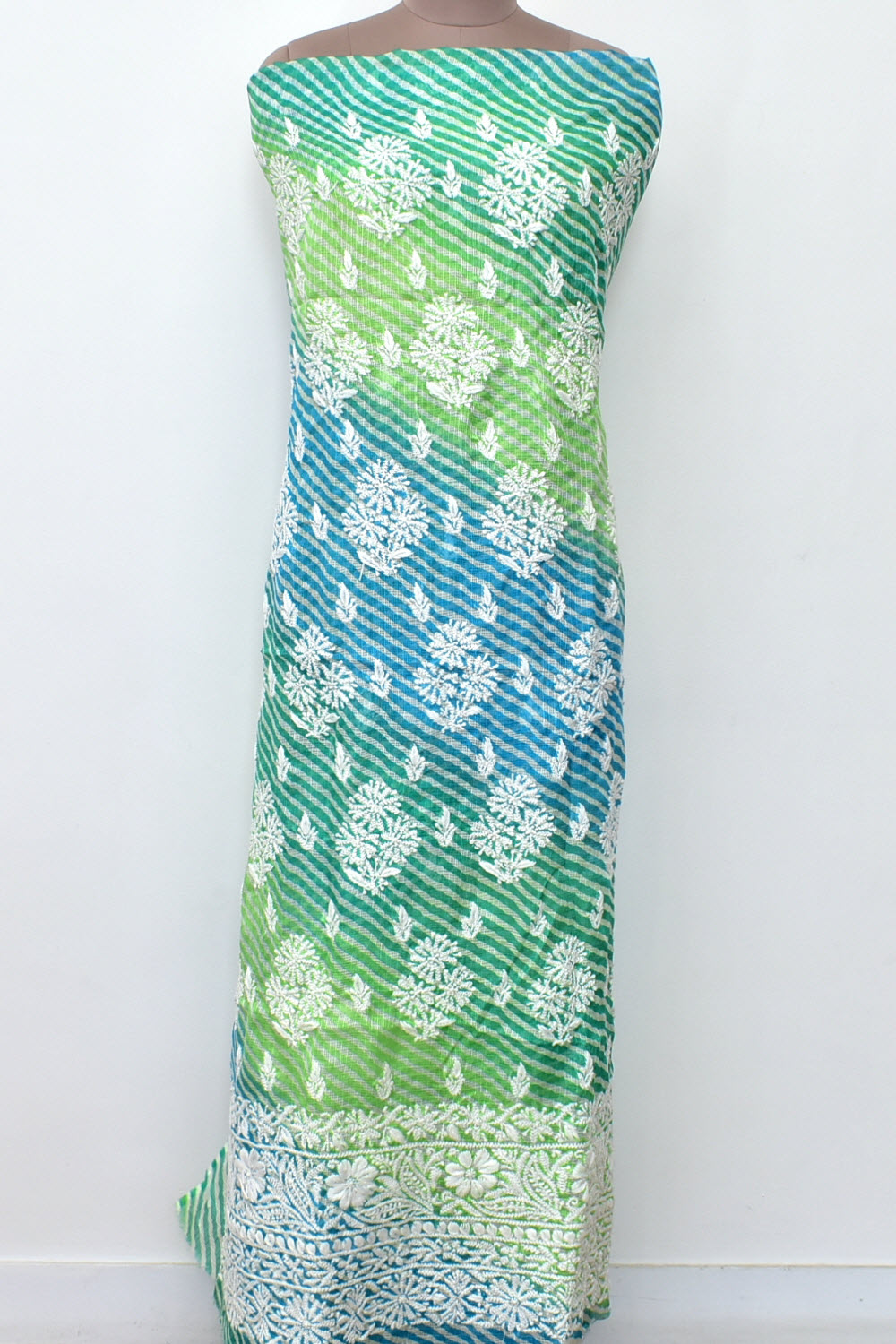 Blue-Green Lucknowi Chikankari Kota Cot-Silk Laharia Print Kurti Fabric 18122