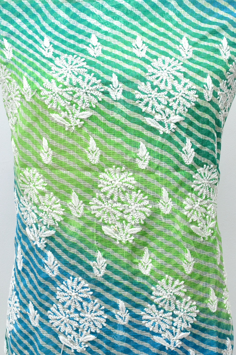 Blue-Green Lucknowi Chikankari Kota Cot-Silk Laharia Print Kurti Fabric 18122