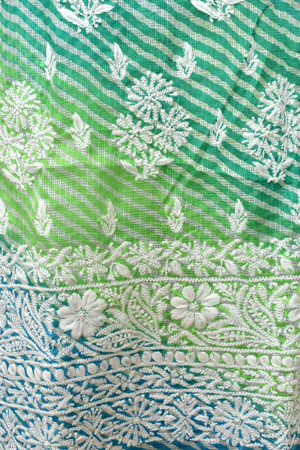 Blue-Green Lucknowi Chikankari Kota Cot-Silk Laharia Print Kurti Fabric 18122