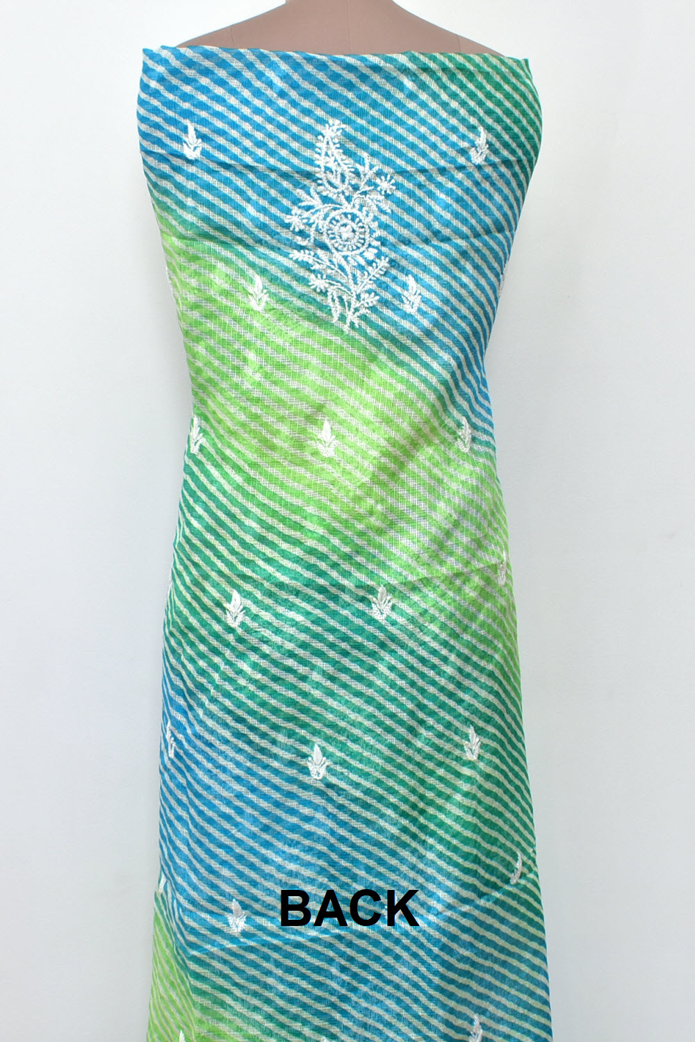 Blue-Green Lucknowi Chikankari Kota Cot-Silk Laharia Print Kurti Fabric 18122