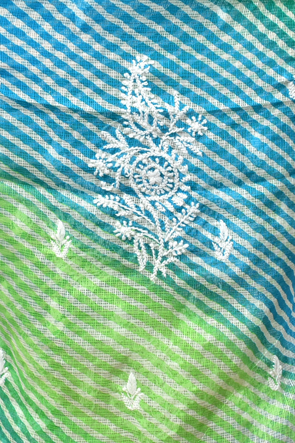 Blue-Green Lucknowi Chikankari Kota Cot-Silk Laharia Print Kurti Fabric 18122