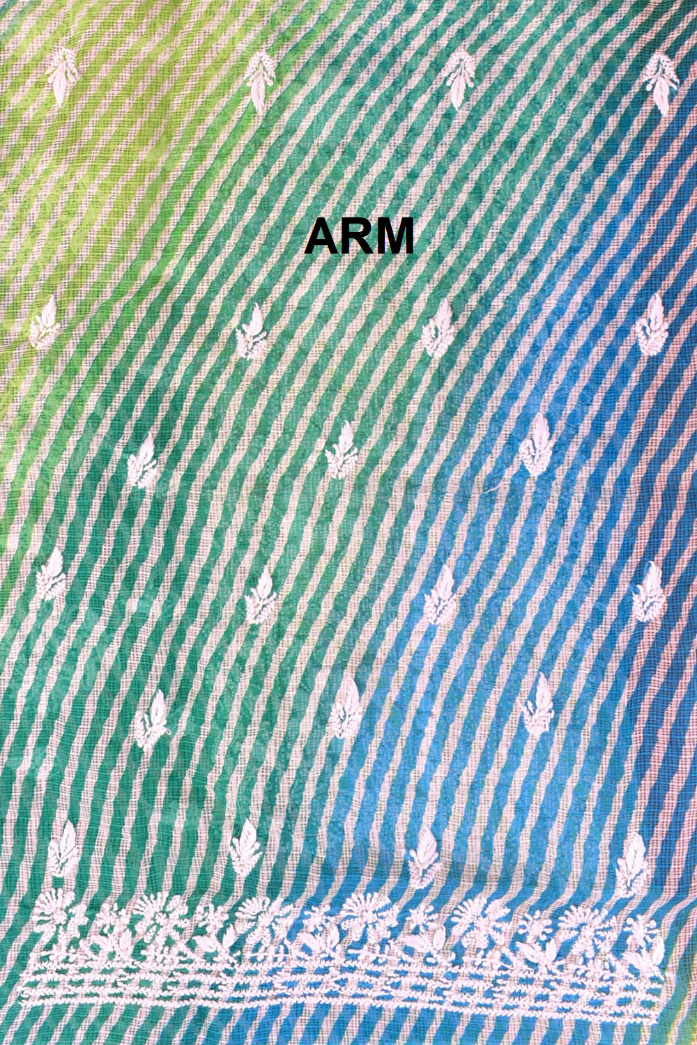 Blue-Green Lucknowi Chikankari Kota Cot-Silk Laharia Print Kurti Fabric 18122