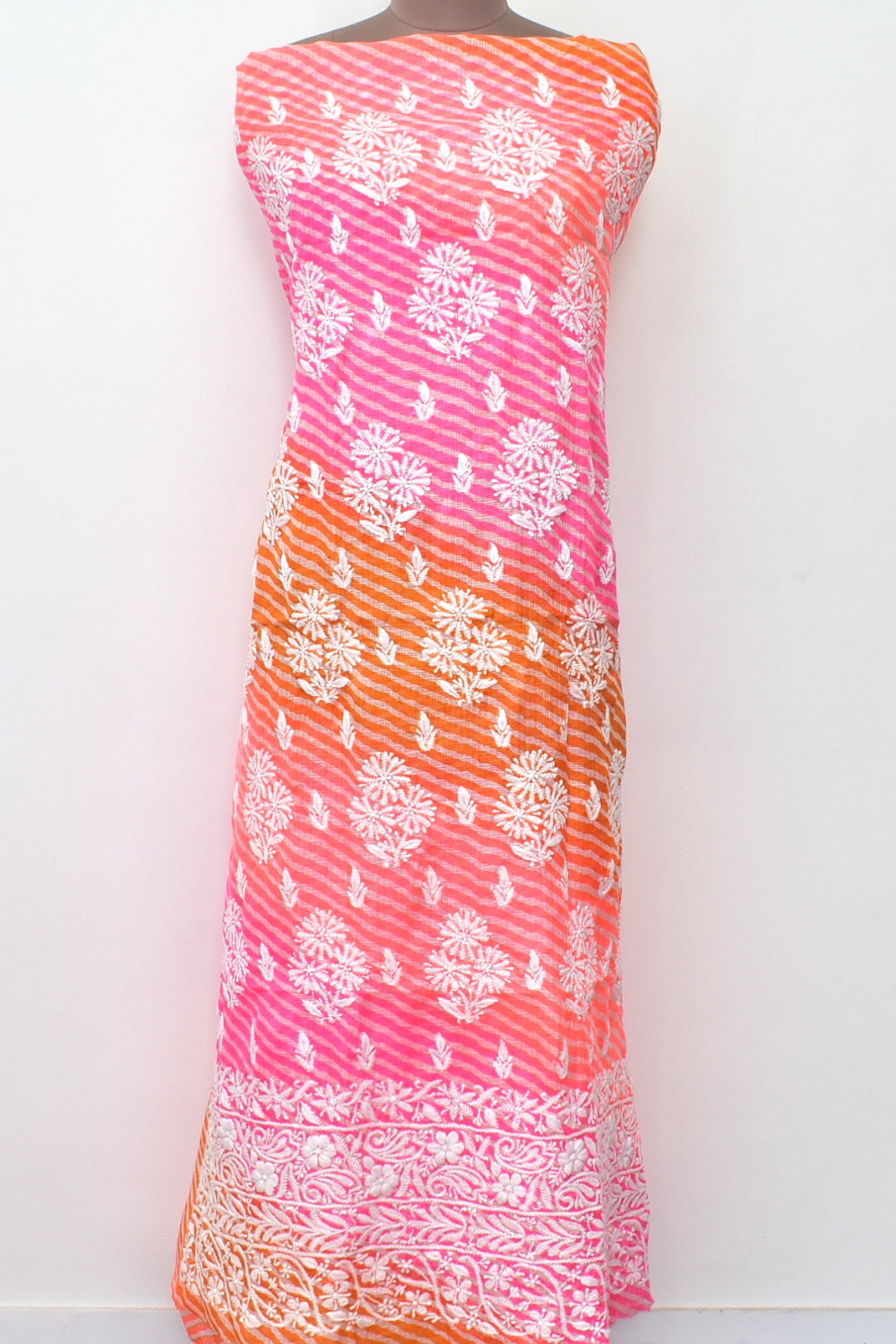 Orange-Pink Lucknowi Chikankari Kota Cot-Silk Laharia Print Kurti Fabric 18123