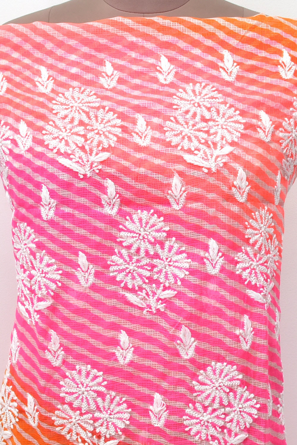 Orange-Pink Lucknowi Chikankari Kota Cot-Silk Laharia Print Kurti Fabric 18123