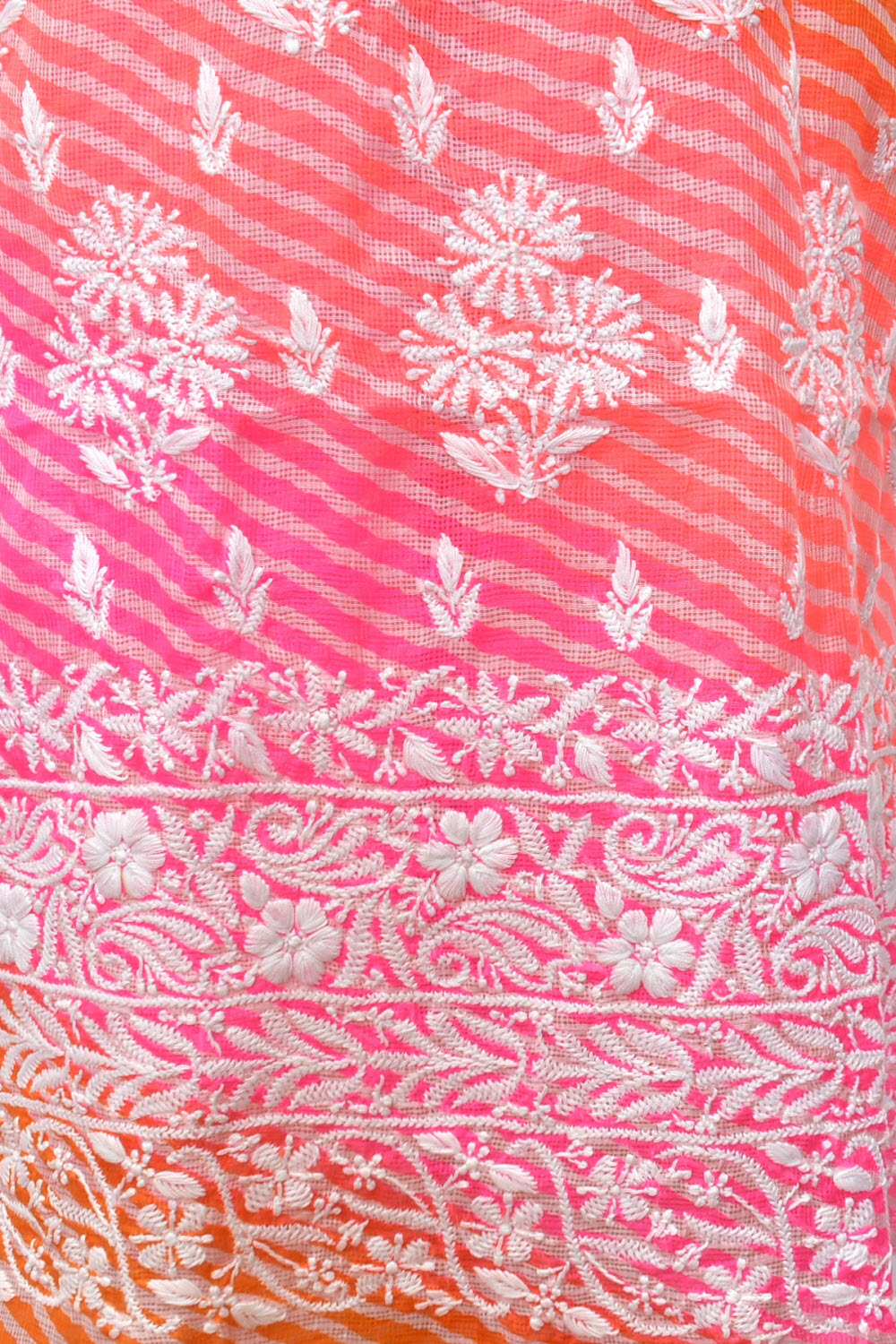 Orange-Pink Lucknowi Chikankari Kota Cot-Silk Laharia Print Kurti Fabric 18123