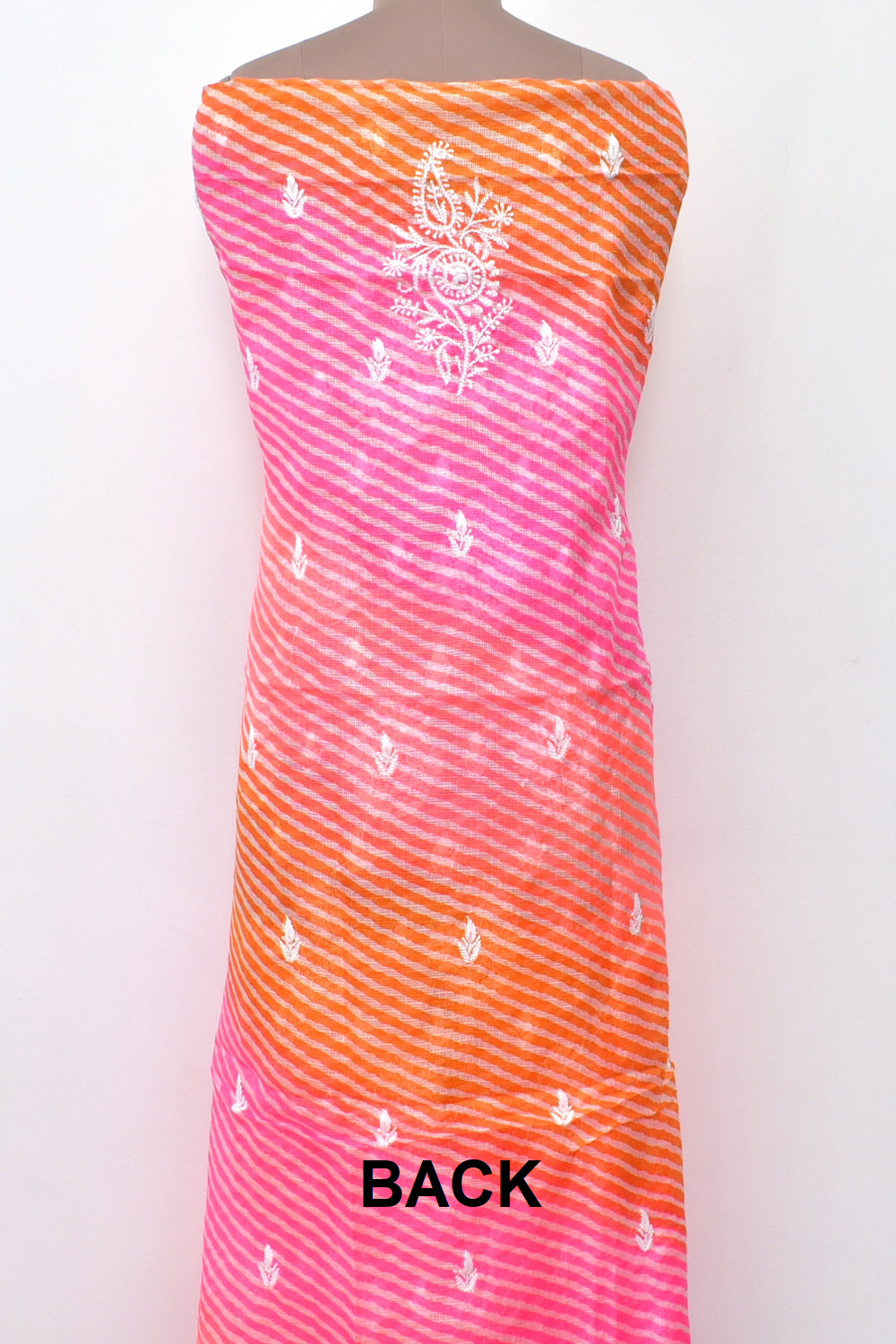 Orange-Pink Lucknowi Chikankari Kota Cot-Silk Laharia Print Kurti Fabric 18123