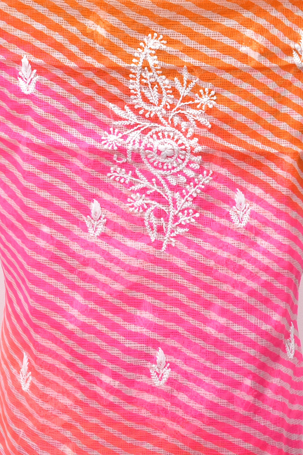 Orange-Pink Lucknowi Chikankari Kota Cot-Silk Laharia Print Kurti Fabric 18123