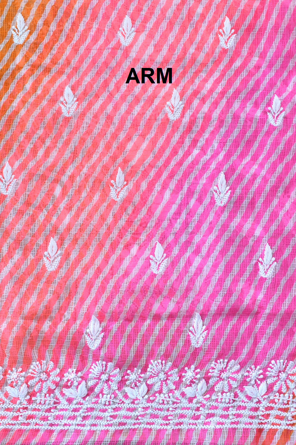 Orange-Pink Lucknowi Chikankari Kota Cot-Silk Laharia Print Kurti Fabric 18123