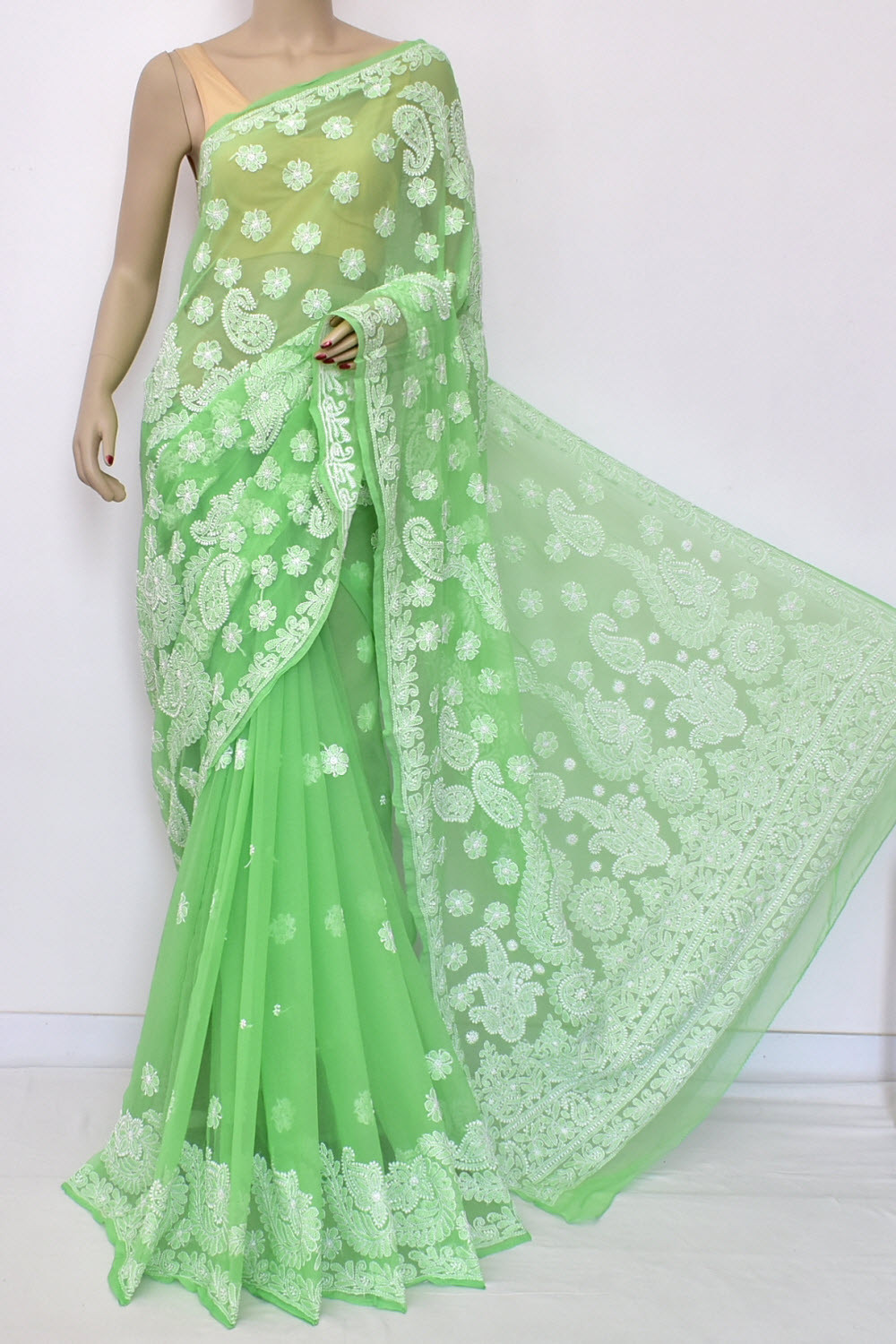Pista Green Hand-Embroidered Lucknowi Chikankari Georgette Saree with Blouse 15102