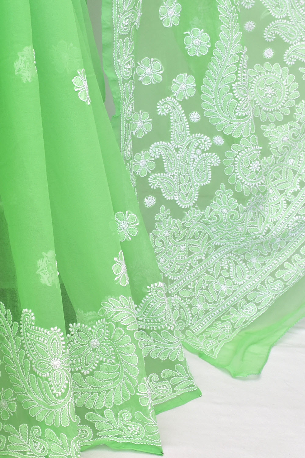 Pista Green Hand-Embroidered Lucknowi Chikankari Georgette Saree with Blouse 15102