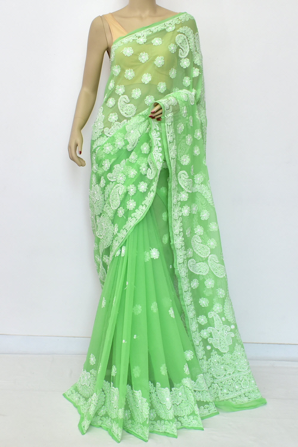 Pista Green Hand-Embroidered Lucknowi Chikankari Georgette Saree with Blouse 15102
