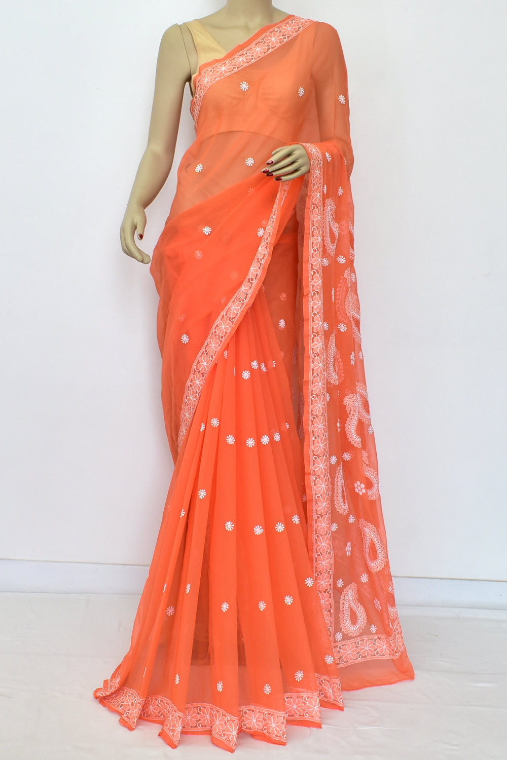 Orange Hand-Embroidered Lucknowi Chikankari Georgette Saree with Blouse 15158