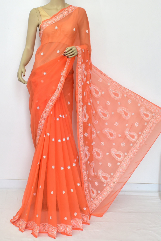 Image of Orange Hand-Embroidered Lucknowi Chikankari Georgette Saree (with Blouse) 15158