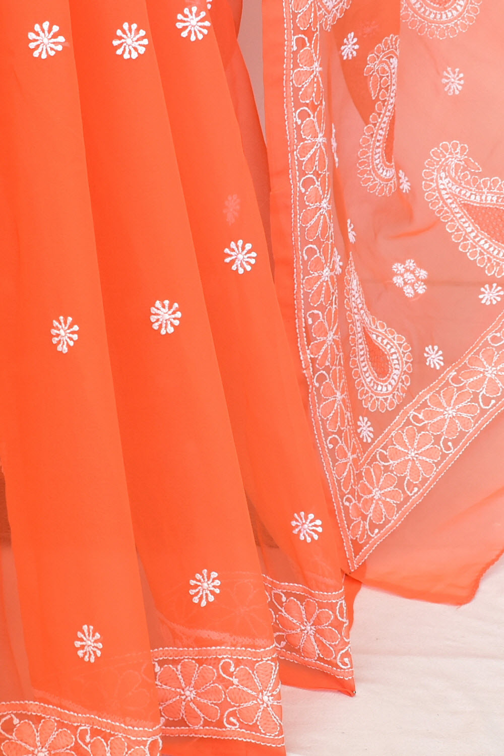 Orange Hand-Embroidered Lucknowi Chikankari Georgette Saree with Blouse 15158